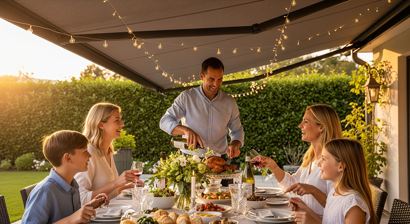 Family enjoying outdoor dining under a premium awning